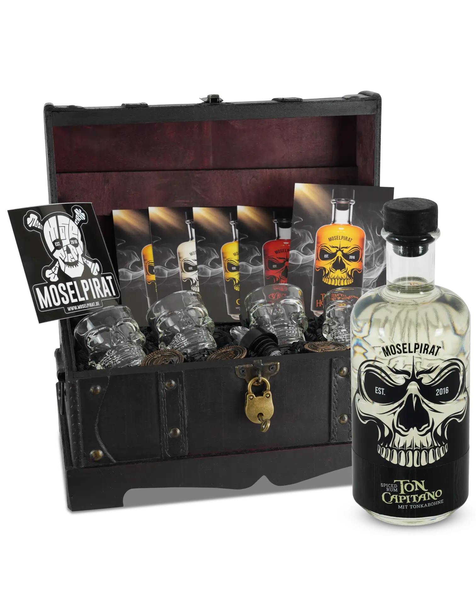 Moselpirat Vintage-Truhe mit Toncapitano Spiced Rum – Geschenkset mit Rum und Tonkabohne in stilvoller Schatztruhe im Piratenlook