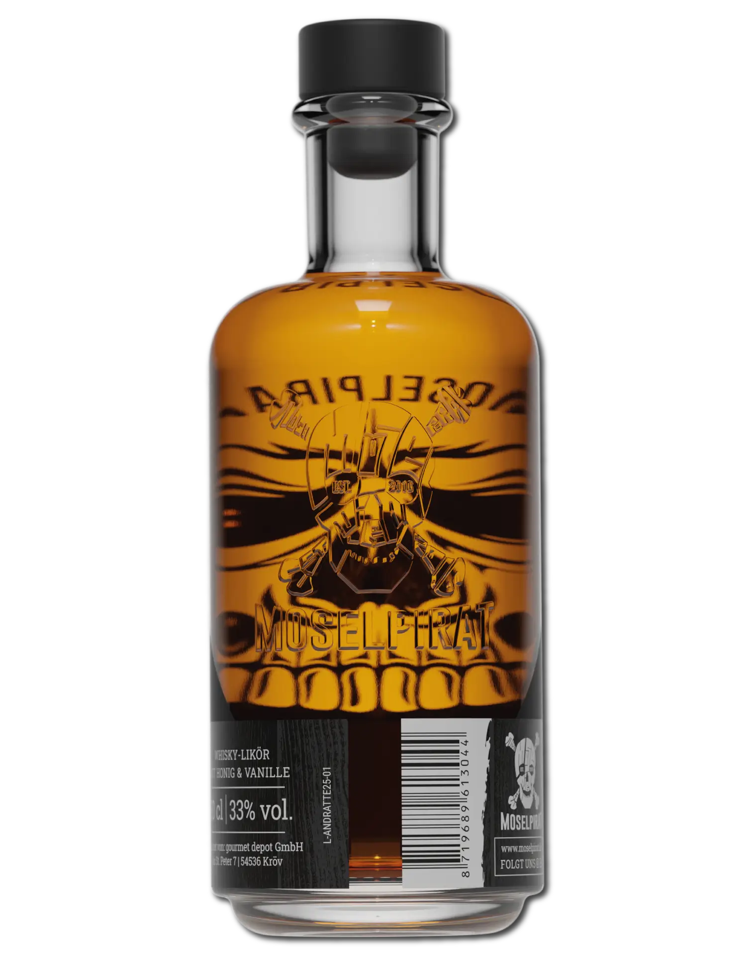 Moselpirat Pirates Honeymoon Whisky Likör – süß und mild im Geschmack, im edlen Piratendesign