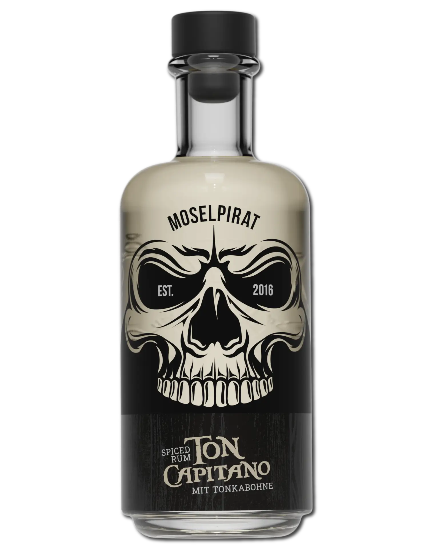 Flasche Moselpirat Toncapitano Spiced Rum mit Tonkabohne – würziger Rum mit feiner Vanille- und Waldmeisternote, inspiriert vom Piratenleben