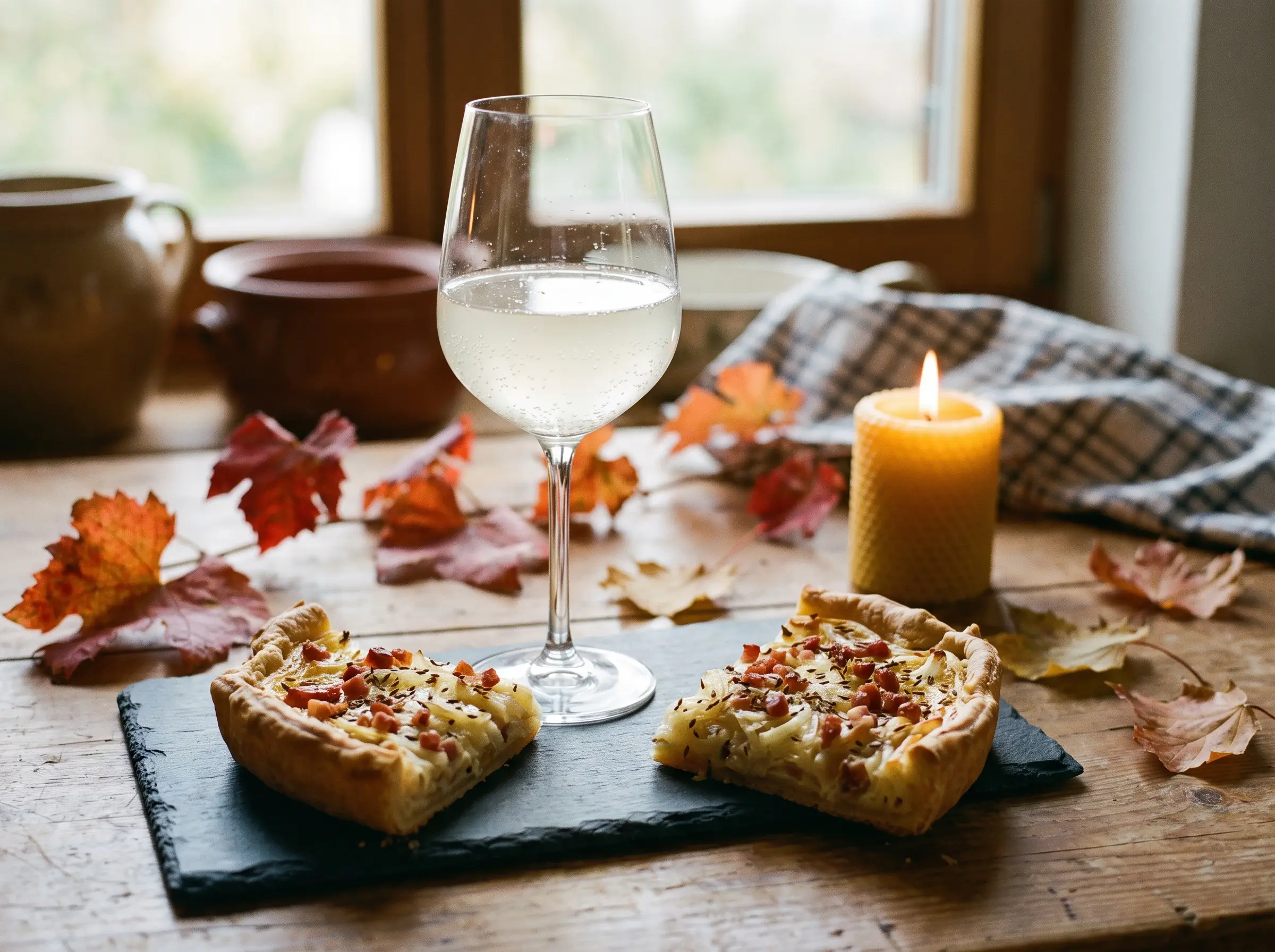 Ein Glas Federweißer steht auf einem Tisch neben zwei Stücken Zwiebelkuchen.