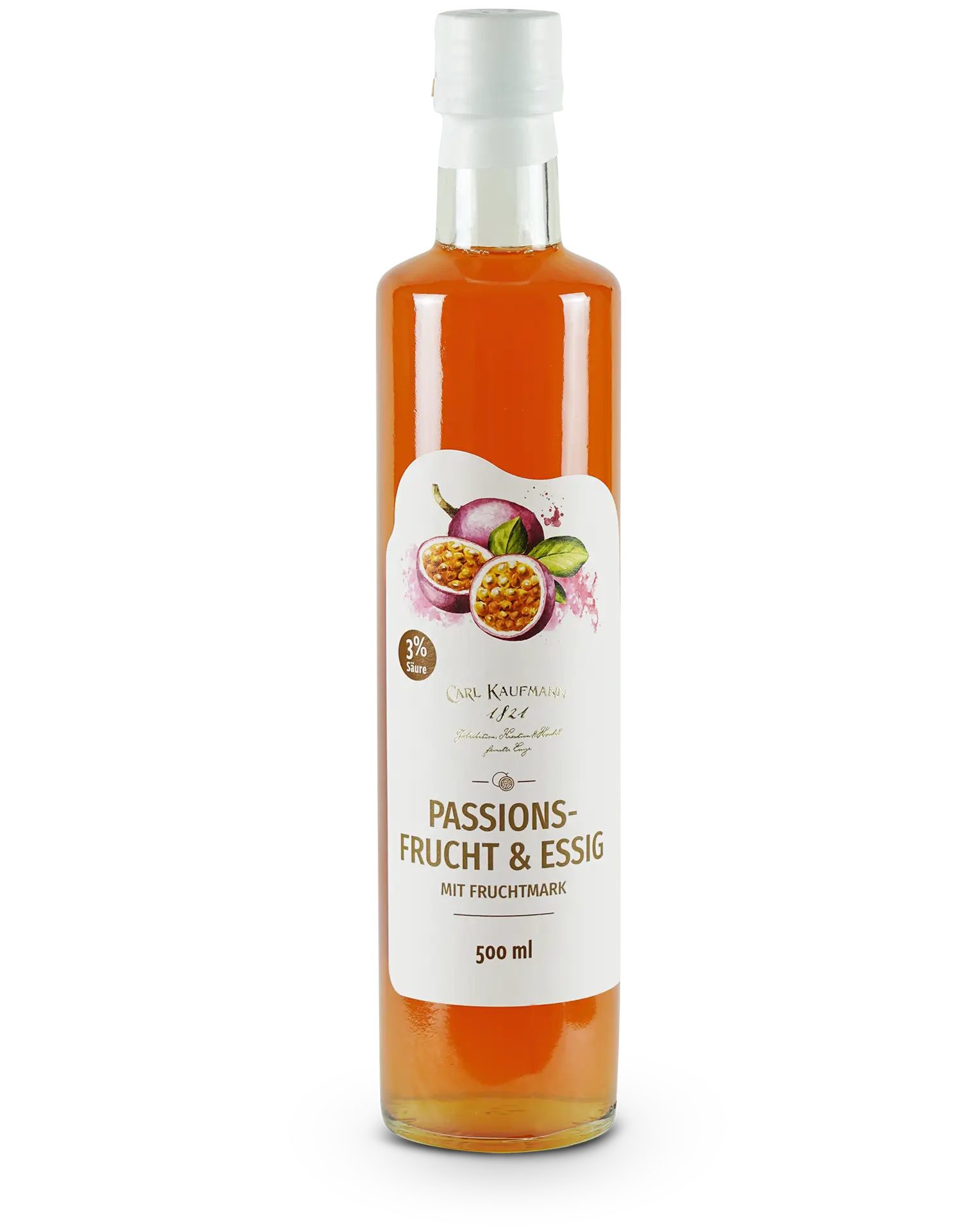 Flasche Carl Kaufmann Passionsfrucht und Essig – exotischer Passionsfruchtessig mit fruchtigem Aroma