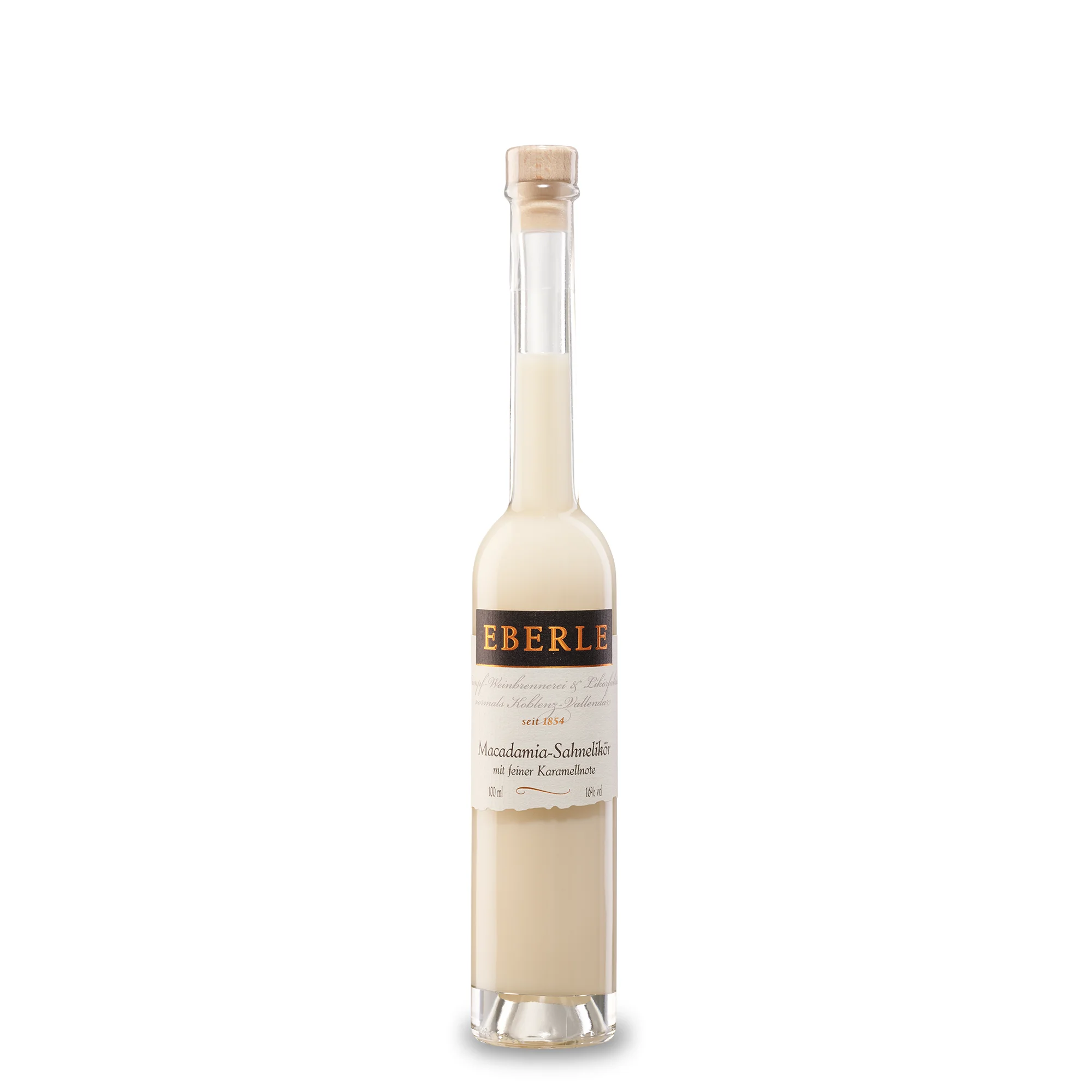 Macadamia Sahnelikör der Likörmanufaktur EBERLE aus Kröv an der Mosel in der 0,1L Flasche