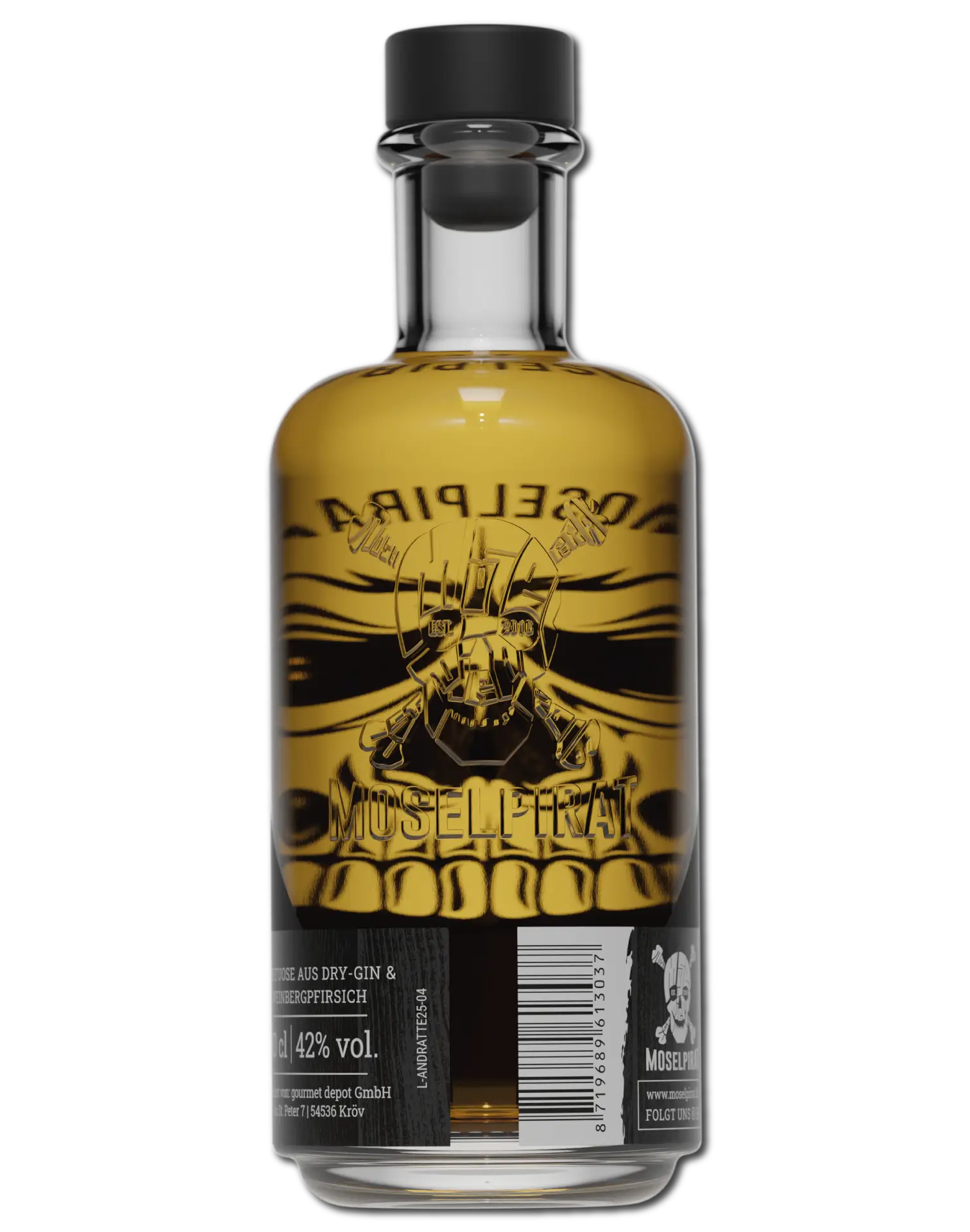 Moselpirat Ginny Peach Dry Gin mit rotem Weinbergpfirsich – fruchtig-frischer Gin von der Mosel mit natürlichem Aroma und Piratenflair