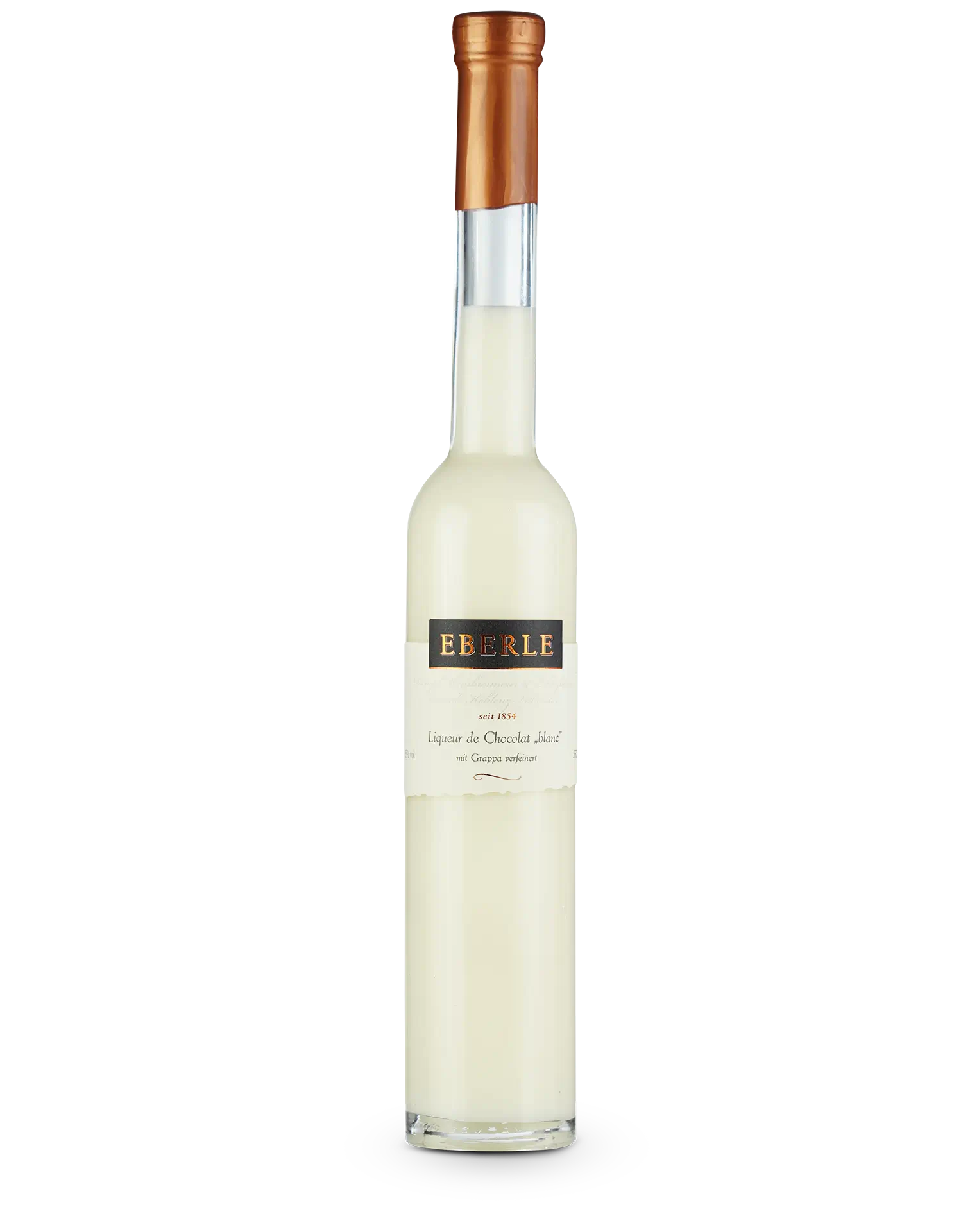Flasche Eberle Liqueur de Chocolat Blanc & Grappa – cremiger weißer Schokoladenlikör mit feiner Grappa-Note