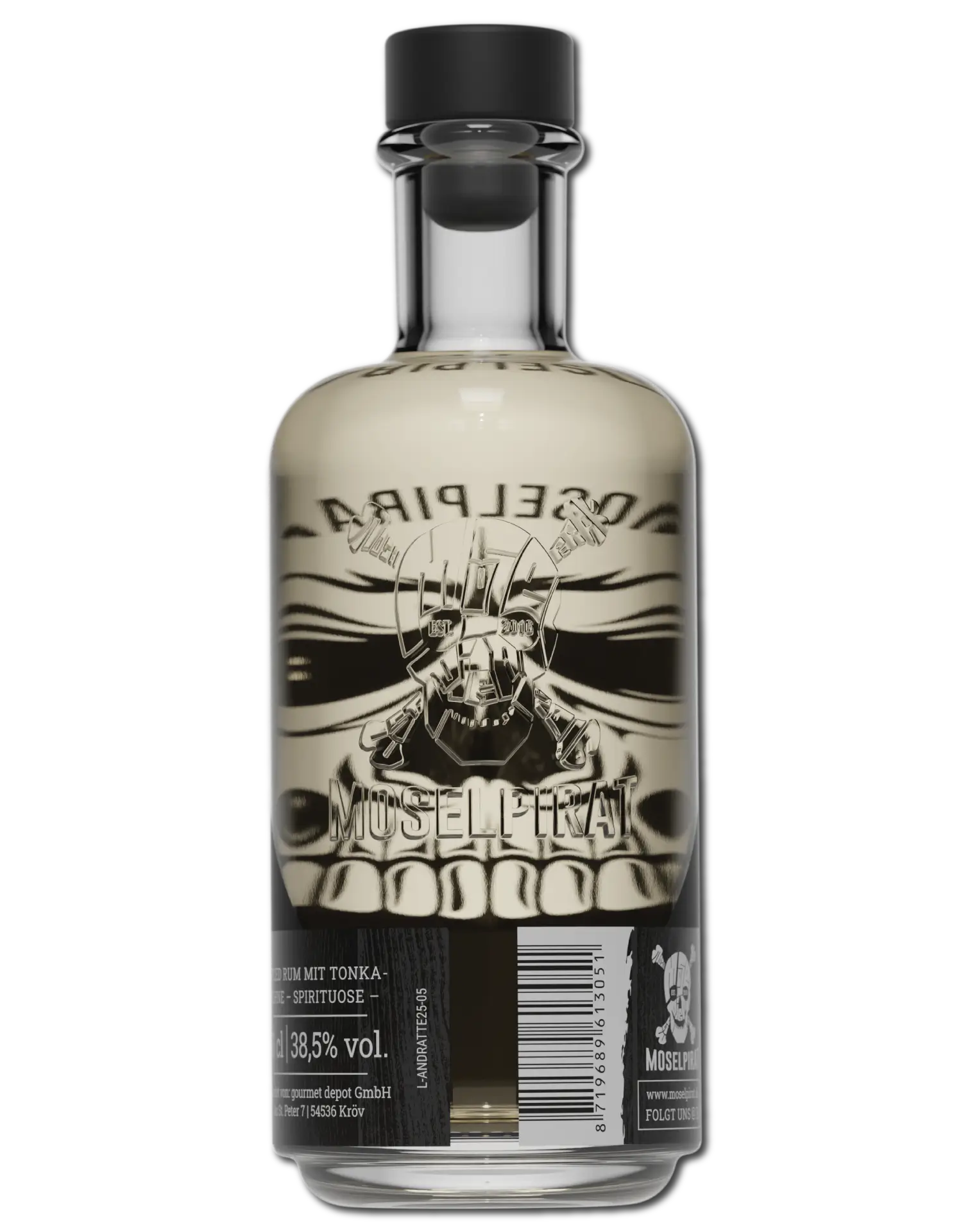 Flasche Moselpirat Toncapitano Spiced Rum mit Tonkabohne – würziger Rum mit feiner Vanille- und Waldmeisternote, inspiriert vom Piratenleben