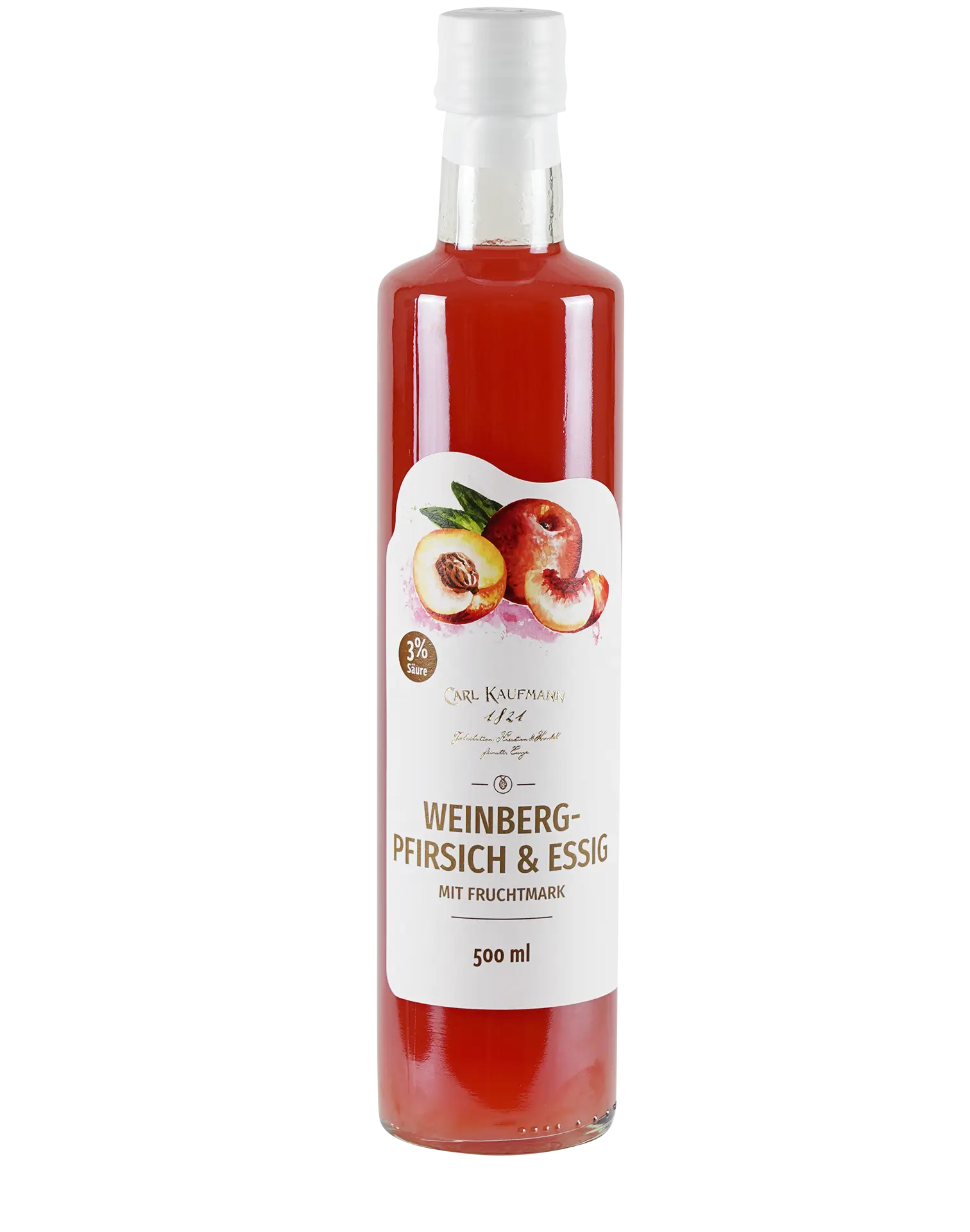 Flasche Carl Kaufmann Weinbergpfirsich und Essig – fruchtiger Essig mit intensivem Weinbergpfirsich-Aroma