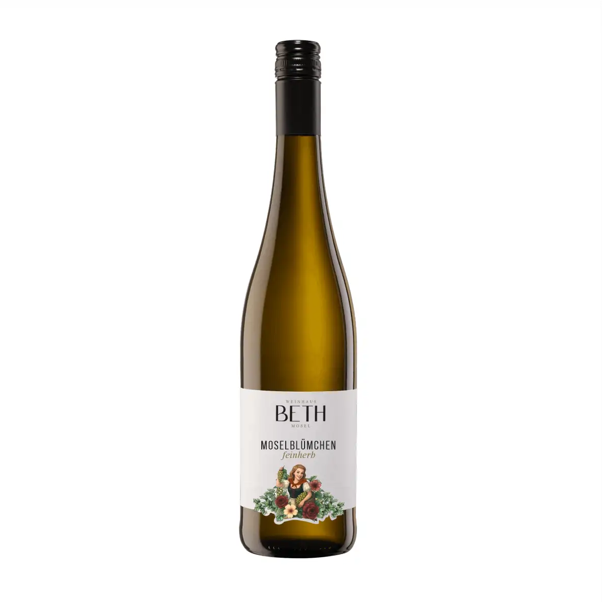 Eine Flasche Moselblümchen Wein Goldmuskateller feinherb mit Mädchen in Original Moselblümchen Tracht