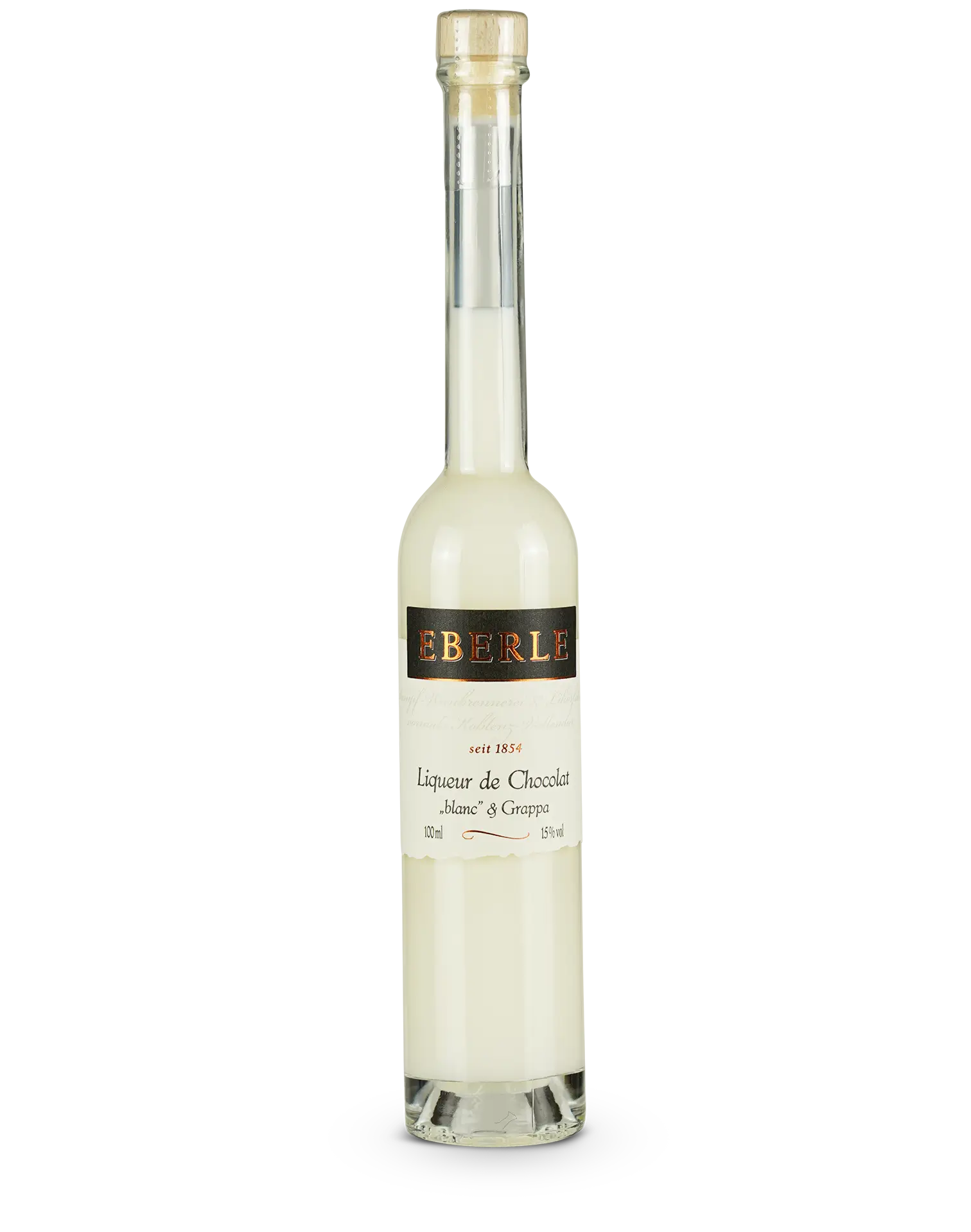 Flasche Eberle Liqueur de Chocolat Blanc & Grappa – cremiger weißer Schokoladenlikör mit feiner Grappa-Note