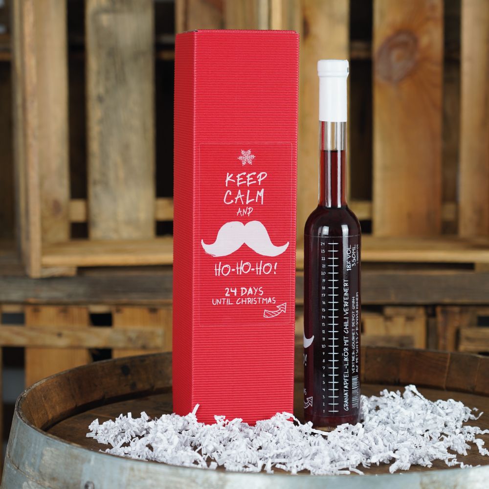 Flasche Eberle Granatapfel-Chili Likör in Adventskalender-Countdown-Flasche – fruchtig-scharfer Likör für die Vorweihnachtszeit